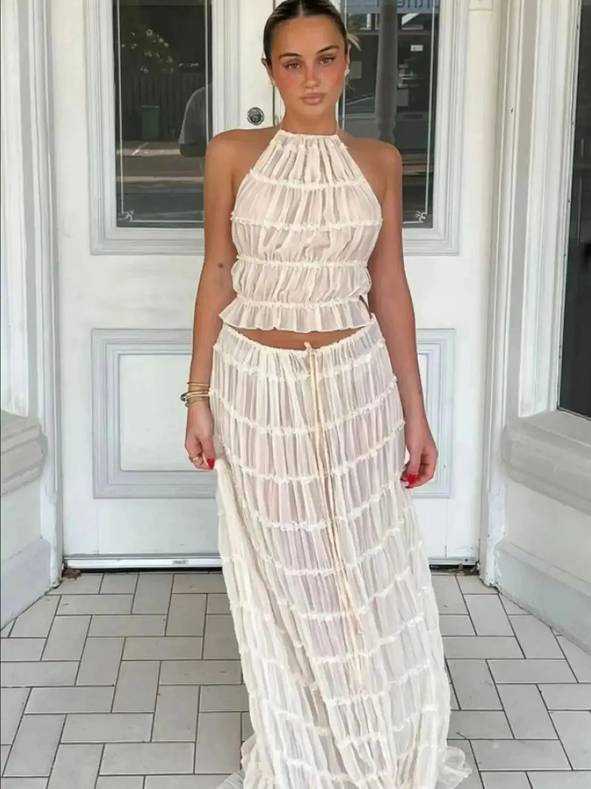 womens Halter Neck Long Backless Sling Top Lace Up Fold Maxi dress