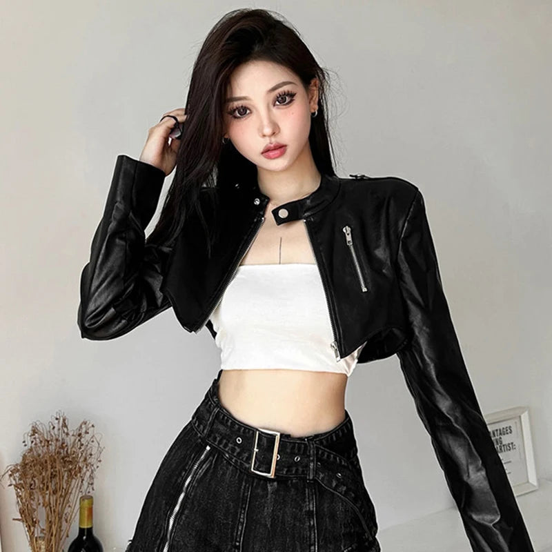 Women's PU Leather Cropped Slim Fit Zipper Jacket
