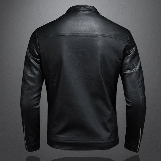 Men's Slim Fit Faux Leather Jacket with Stand Collar - Casual PU Leather Outerwear