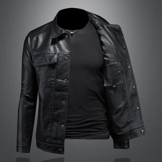 Men's Slim Fit Faux Leather Lapel Jacket - Stylish & Trendy Outerwear