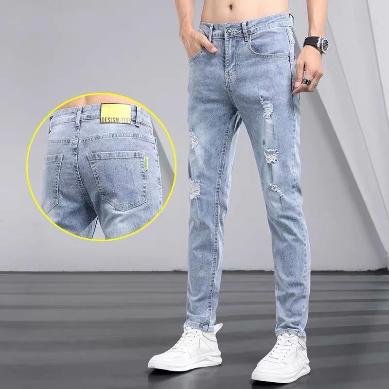Men's Ripped Slim Fit Stretch Jeans – Straight Leg, Thin Fit Denim Pants for Men