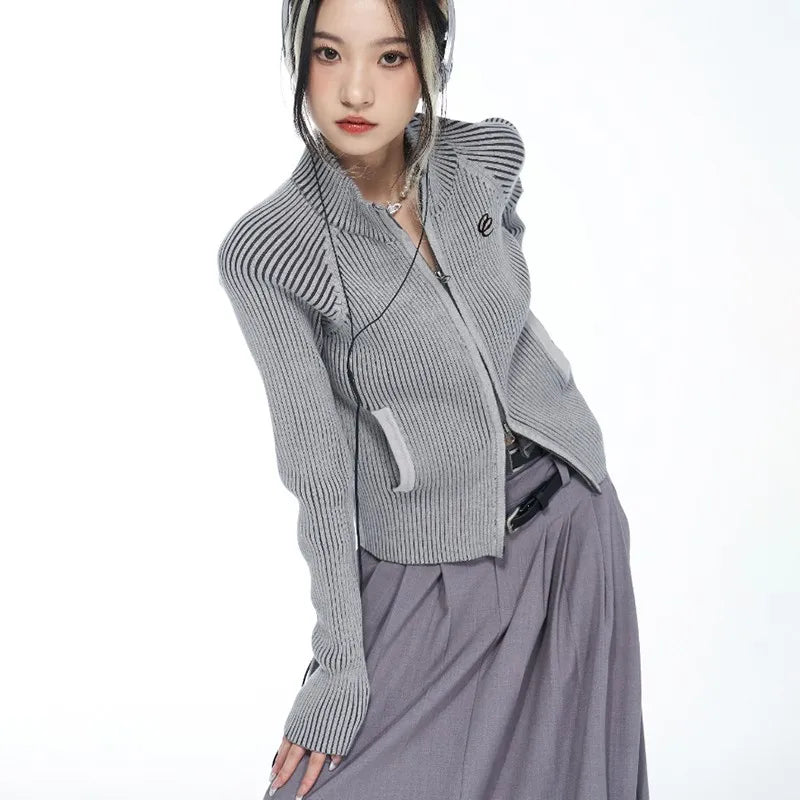 Women's Zipper Cardigan with Embroidery - Slim Fit Knitted Sweater Jacket for Women