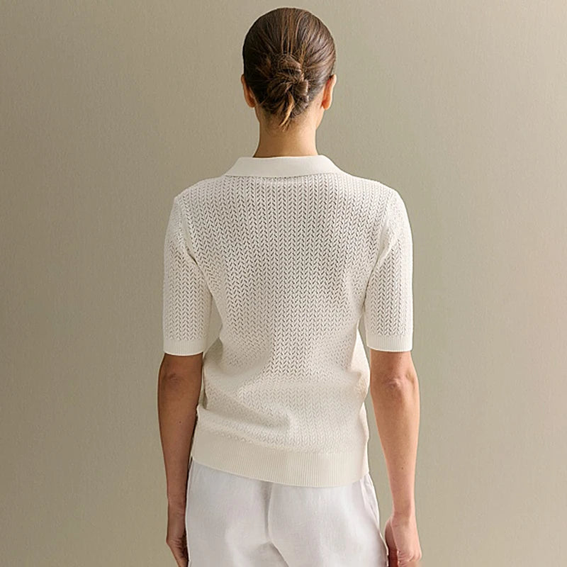 Women's Knitted Polo T-Shirt – Casual Loose Fit with Lapel, Comfortable Women's Knit Top