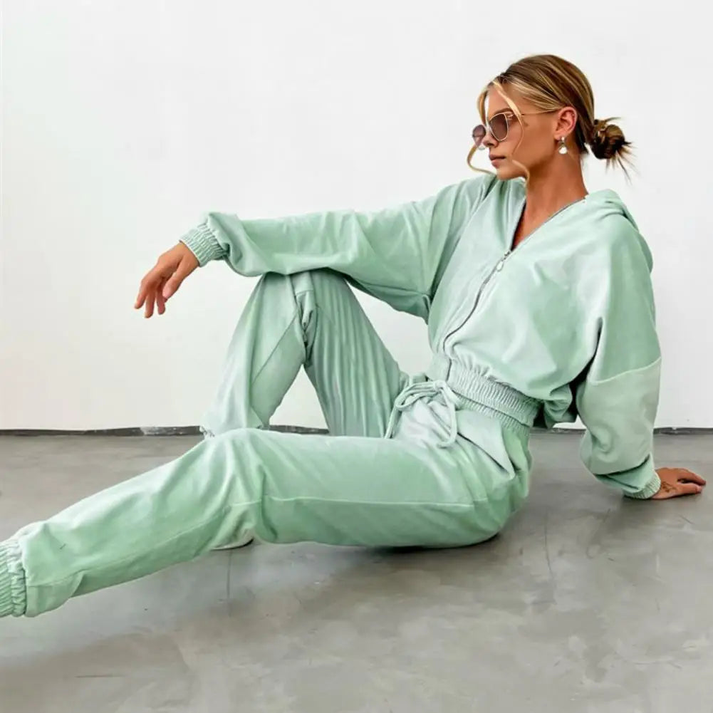 Women's Zipper Hoodie and Drawstring Tracksuit Set - Stylish 2-Piece Activewear Outfit