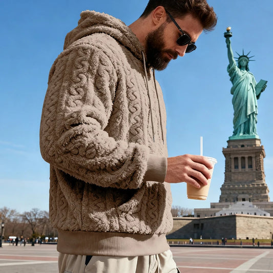 Men's Vintage Jacquard Textured Fleece Hoodie with Hood