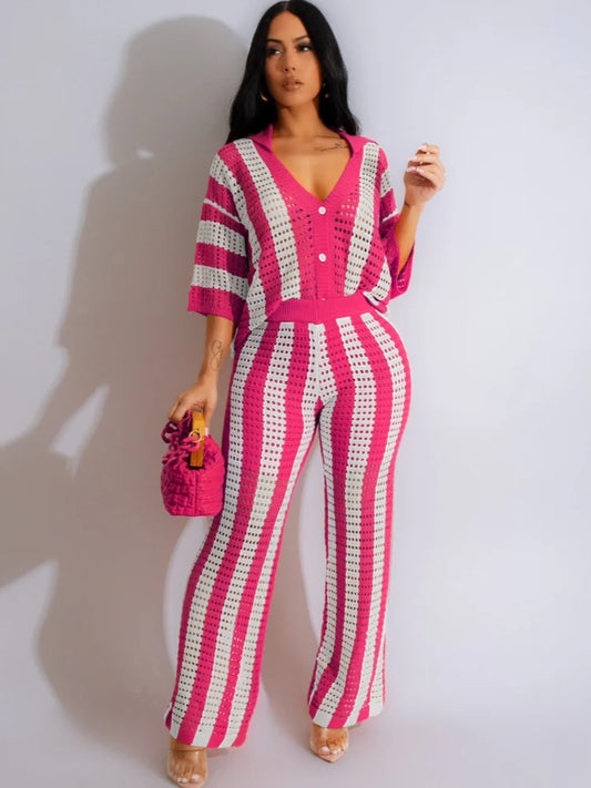 Women's Knitted 2-Piece Set | Short Sleeve Button Top & Loose Crocheted Pants