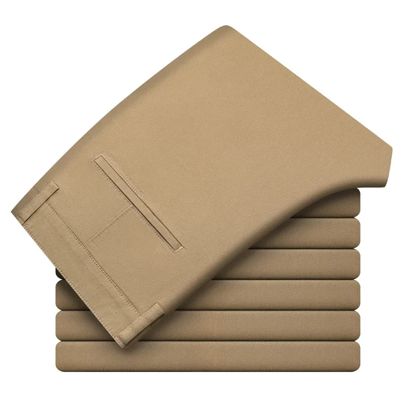 Men's Casual Slim Straight Trousers - 97% Cotton Comfortable Elastic Pants