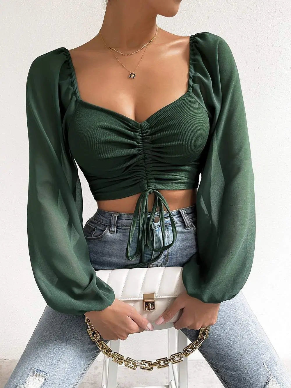 Drawstring Wrap Chest Long Sleeve Blouse for Women - Various Colors