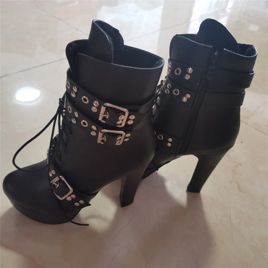 Women's Lace-Up Platform Ankle Boots with High Heels
