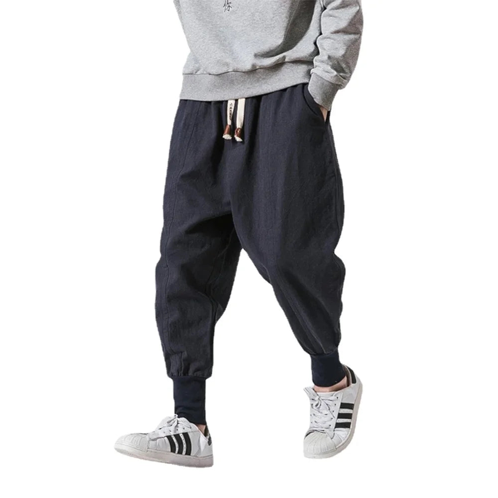 Men's Cotton Linen Harem Pants - Solid Elastic Waist Joggers