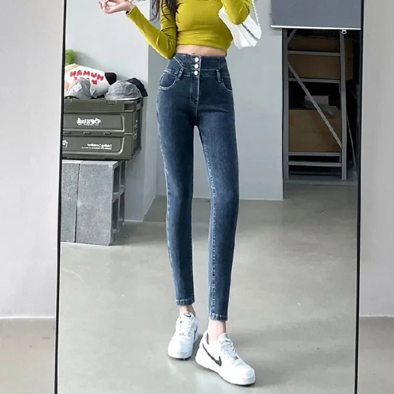 Women's High-Waisted Stretch Denim Pants with Multi-Button Closure