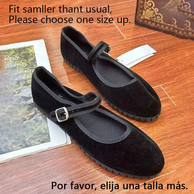 Velvet Mary Jane Flats for Women - Hand-Stitched Casual Shoes