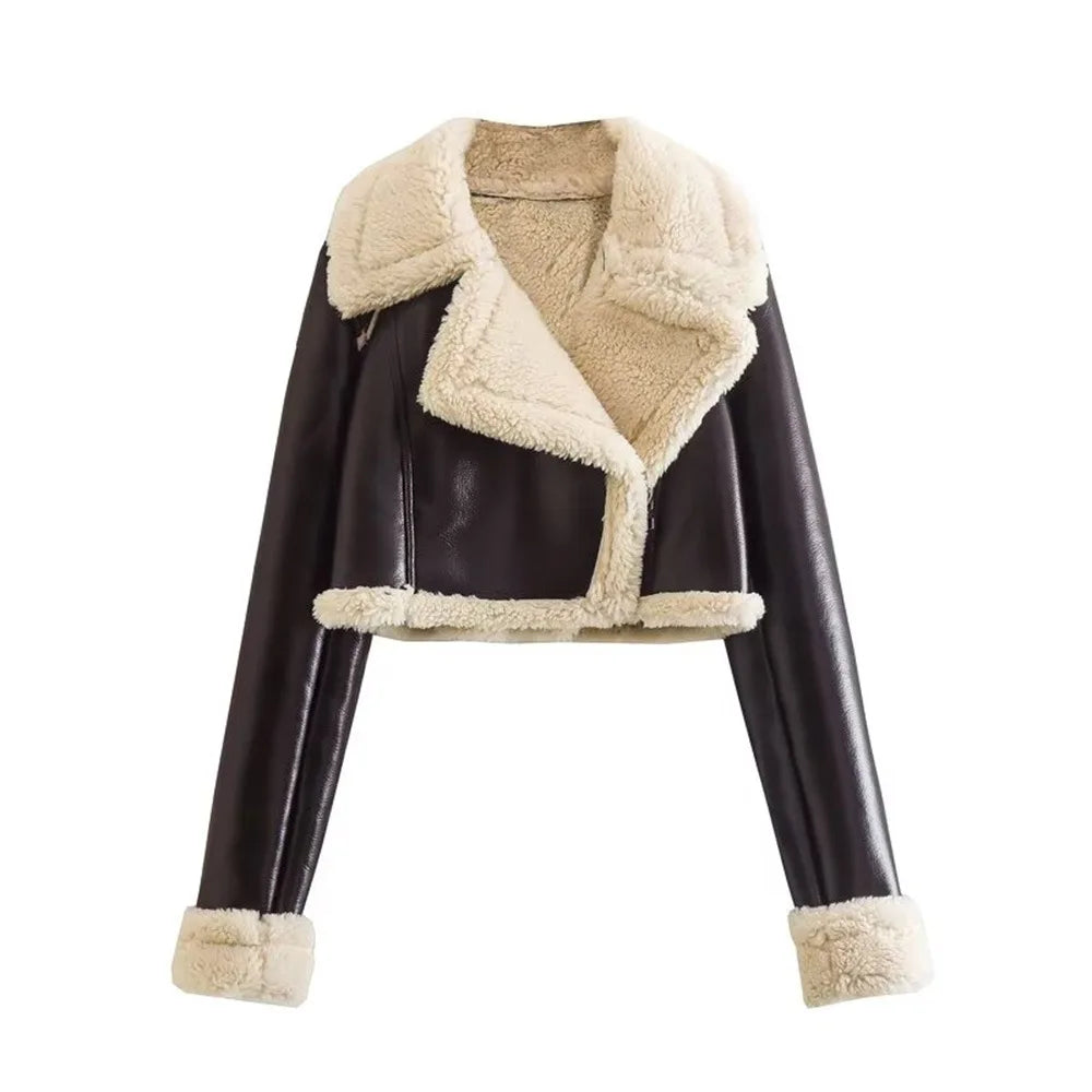 Women's Black Cropped Faux Leather Jacket with Wool Blend