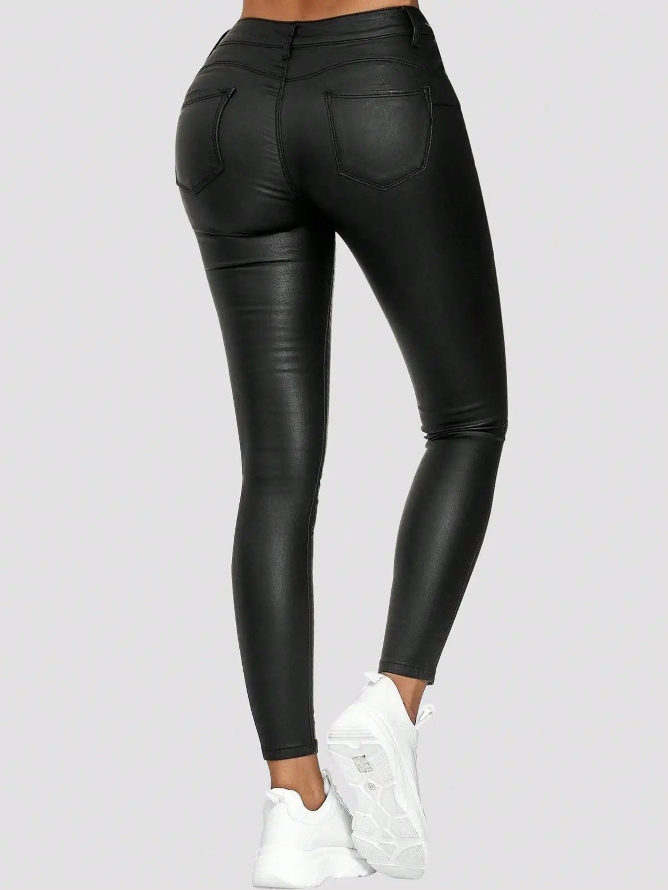 Women’s High-Waist Stretchy PU Leather Skinny Tapered Pants with Slant Pockets