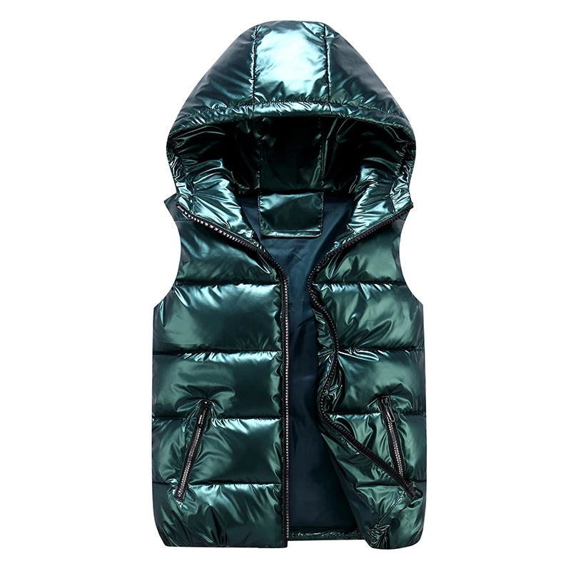 Men's Glossy Hooded Vest Jacket with Zipper Pockets - Classic Fit