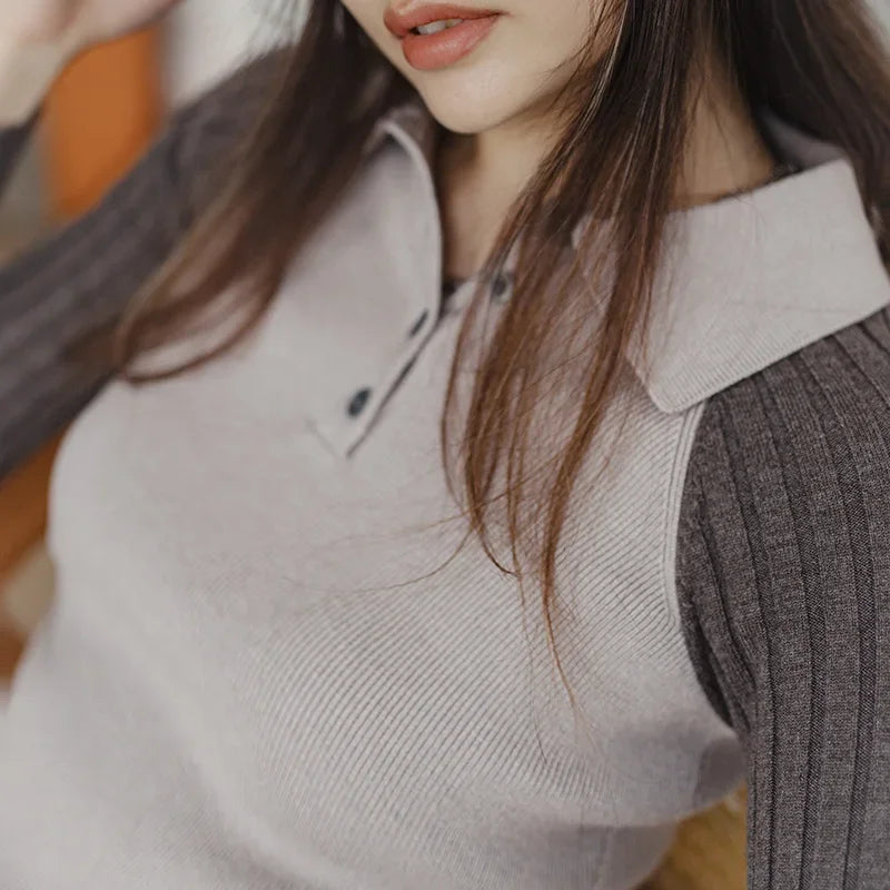 Women' Slim Fit Cropped Knitted Sweater with Spliced Casual Design & Button Detail