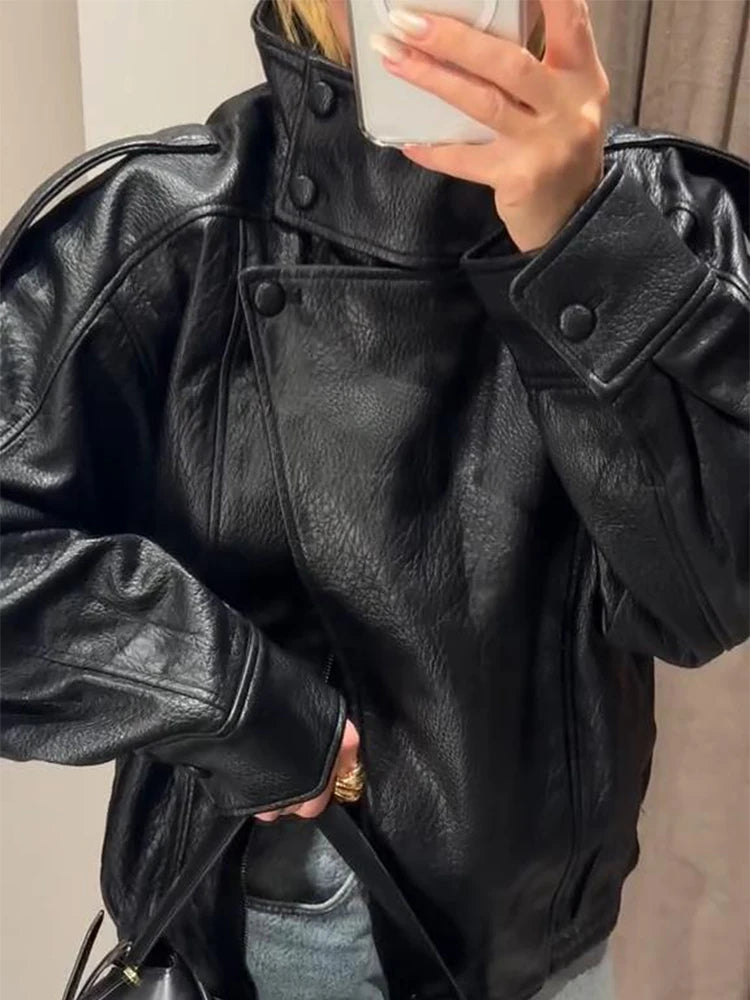 Women's Stand Collar Faux Leather Jacket with Double Button Closure