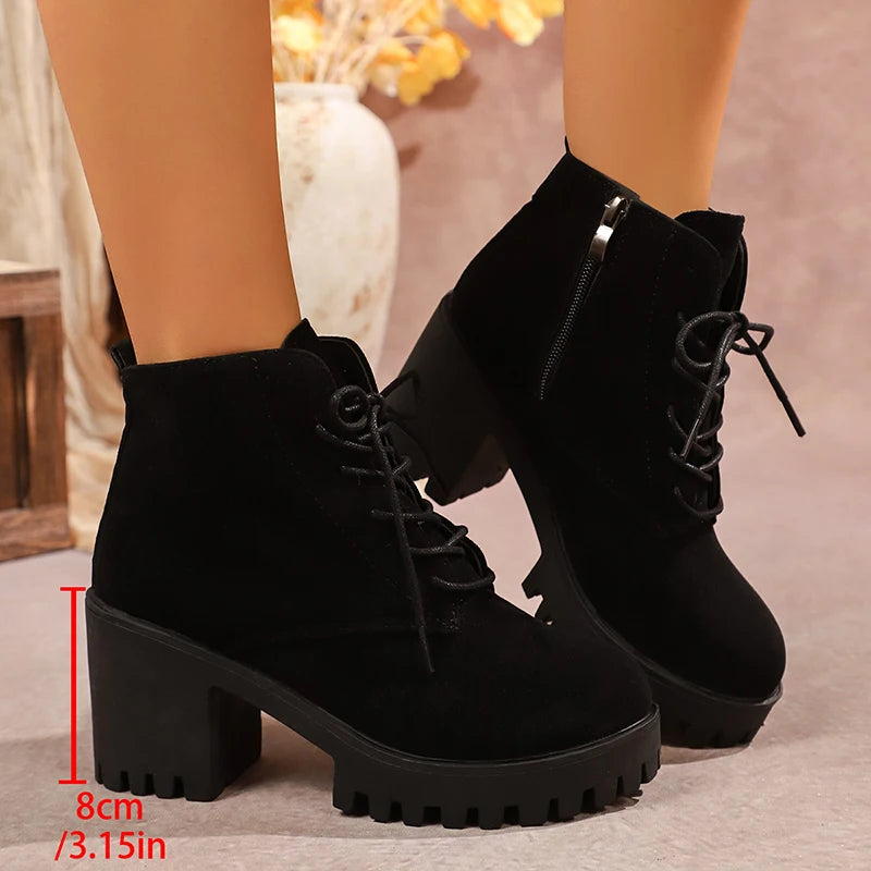 Women's Chunky Heel Ankle Boots with Platform Sole – Side Zip & Lace-Up Design