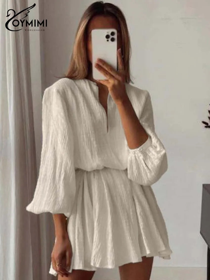 Elegant Women's Cotton V-Neck Lace-Up Loose Pleated Mini Dress by Oymimi