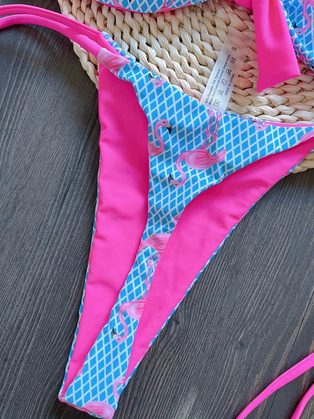 Women's Grid Flamingo Print Two-Piece Swimwear Set with Push-Up Thong Bikini