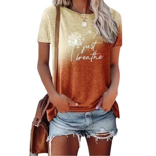 Women's Oversized Dandelion Print T-Shirt with Gradual Design