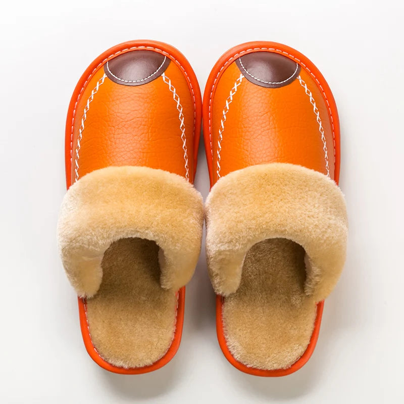 Unisex Waterproof Faux Leather Fluffy Casual Slippers - Various Colors