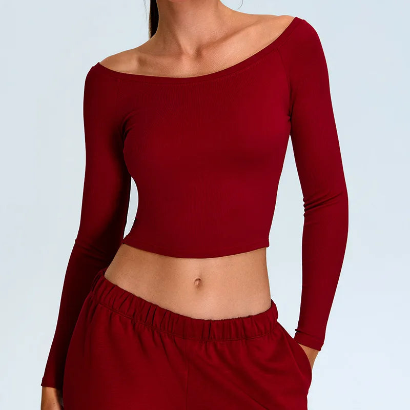 Women’s Off-Shoulder Long Sleeve Yoga Sweater - Quick-Dry, Cropped Fitness Top