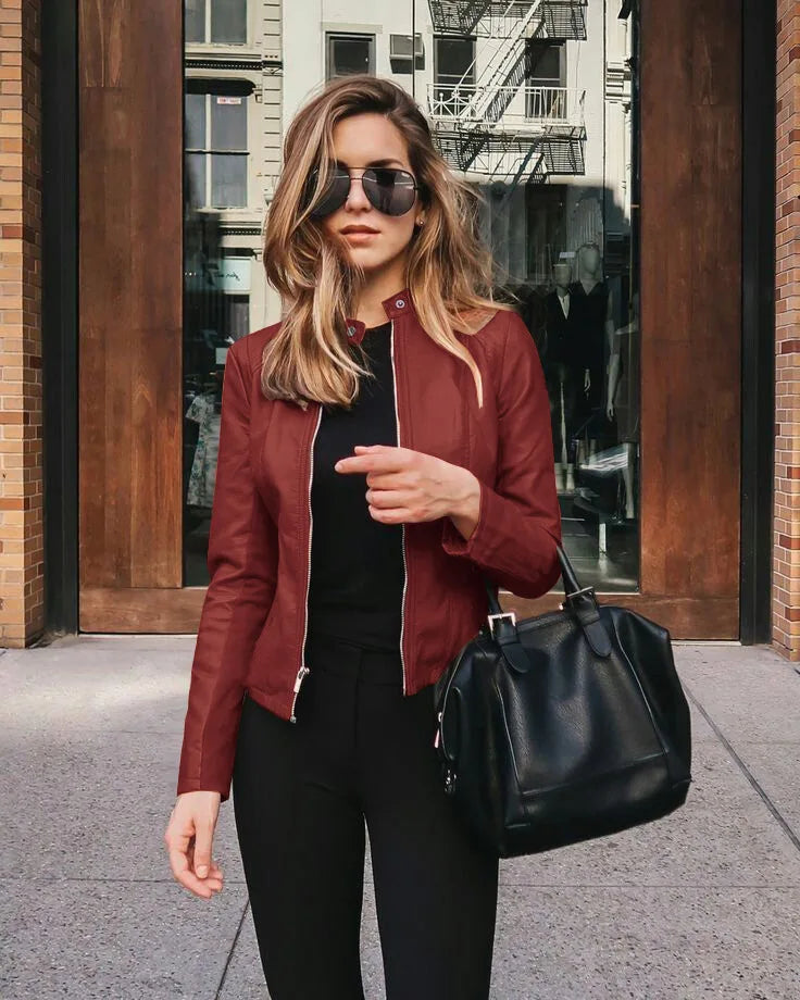 Women’s Stand Collar Faux Leather Jacket - Various Colors