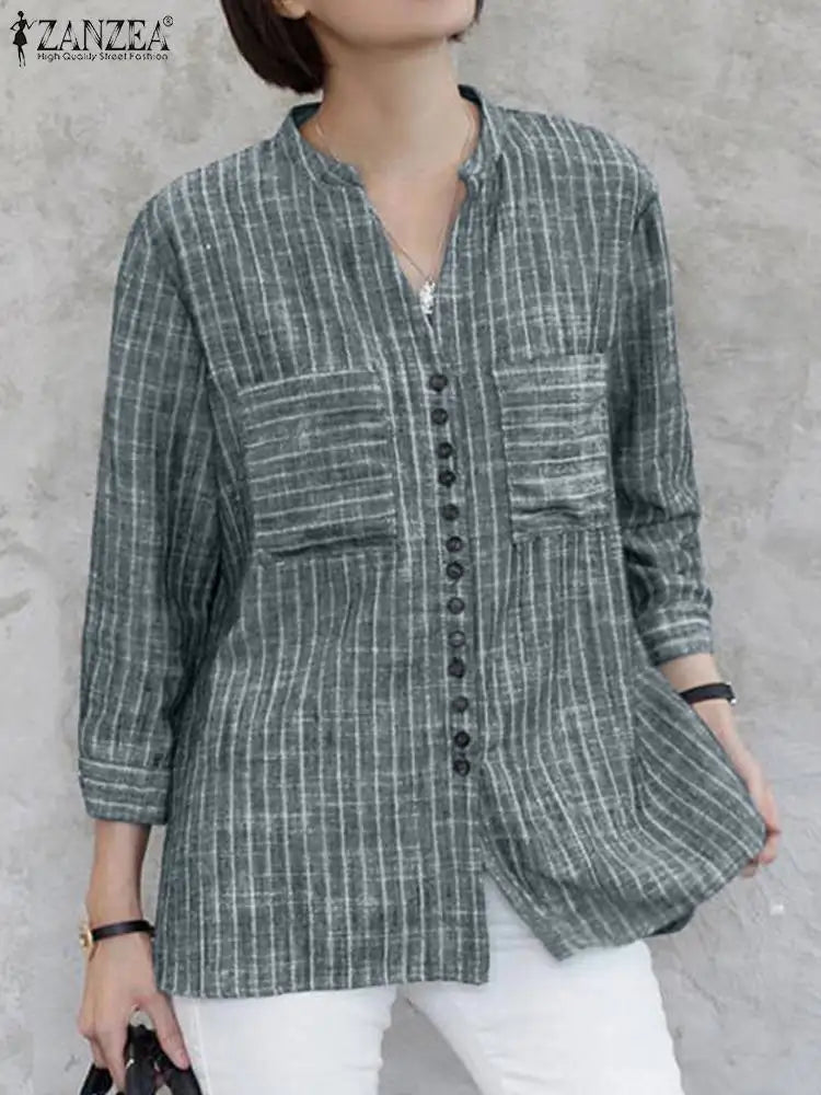 ZANZEA Women's Vintage Striped Blouse - 3/4 Sleeve Loose-Fitting Button-Up Shirt