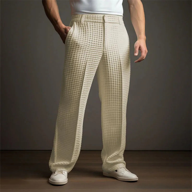 Men's Mid-Waist Twill Straight Leg Pants with Pockets - Casual Long