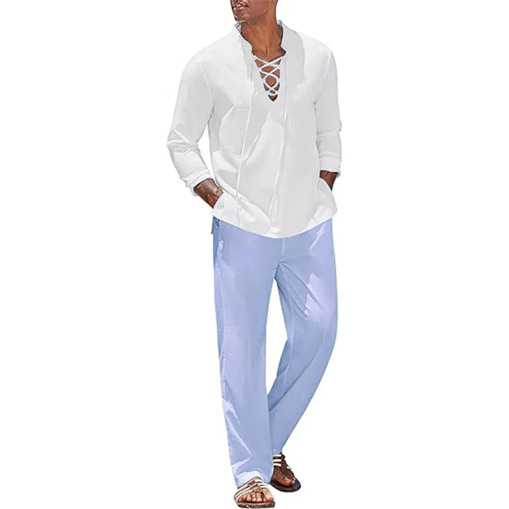 Two Piece Men's Cotton Linen Shirt and Pants Set