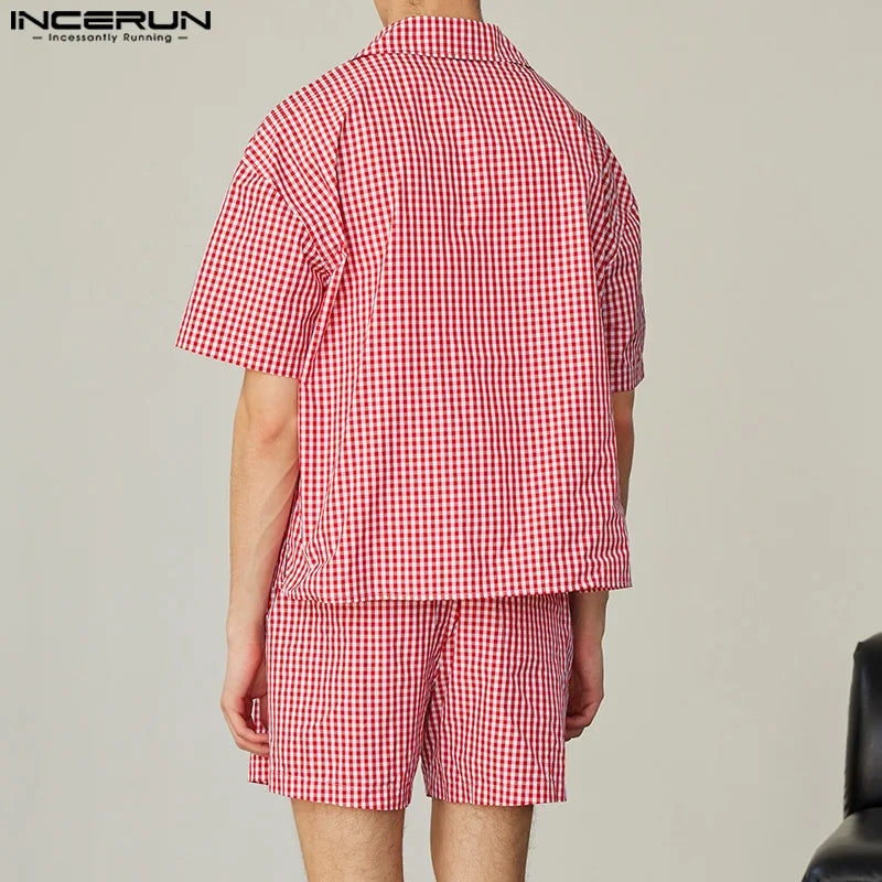 INCERUN Men's Plaid Two-Piece Shirt and Shorts Set – Casual Loose Fit
