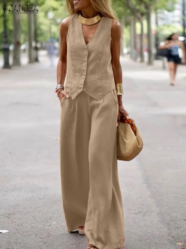 Womens Two Piece Sleeveless Vest Shirt and Trousers - Matching Set