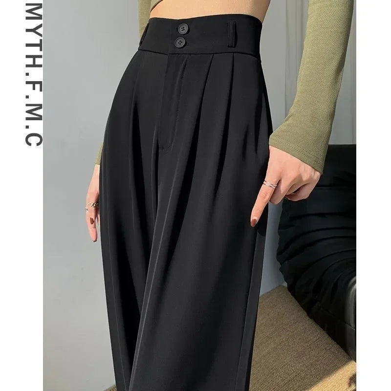 Womens High-Waisted Versatile Draped Loose Straight Pants