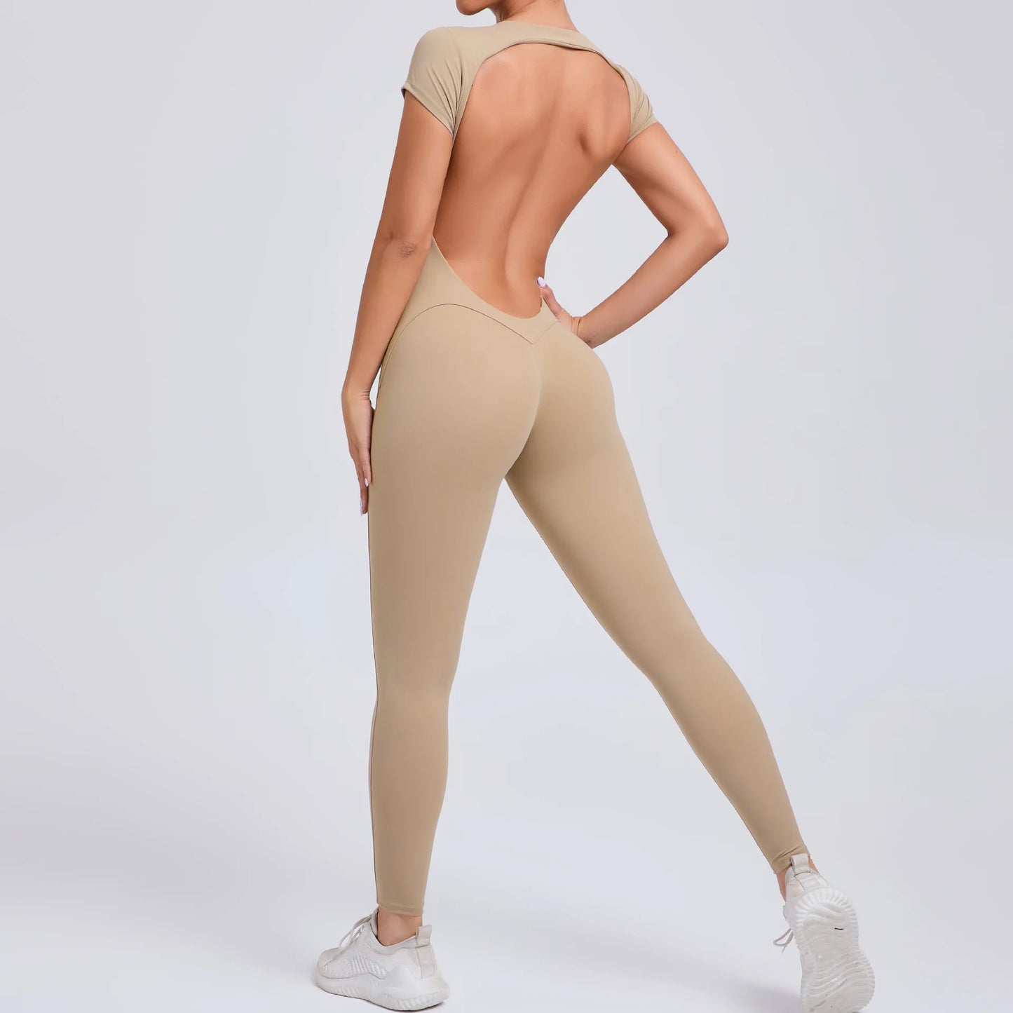 Women's Padded Short Sleeve One-Piece Jumpsuit - Quick-Dry, Backless Sports Suit for Active Fitness