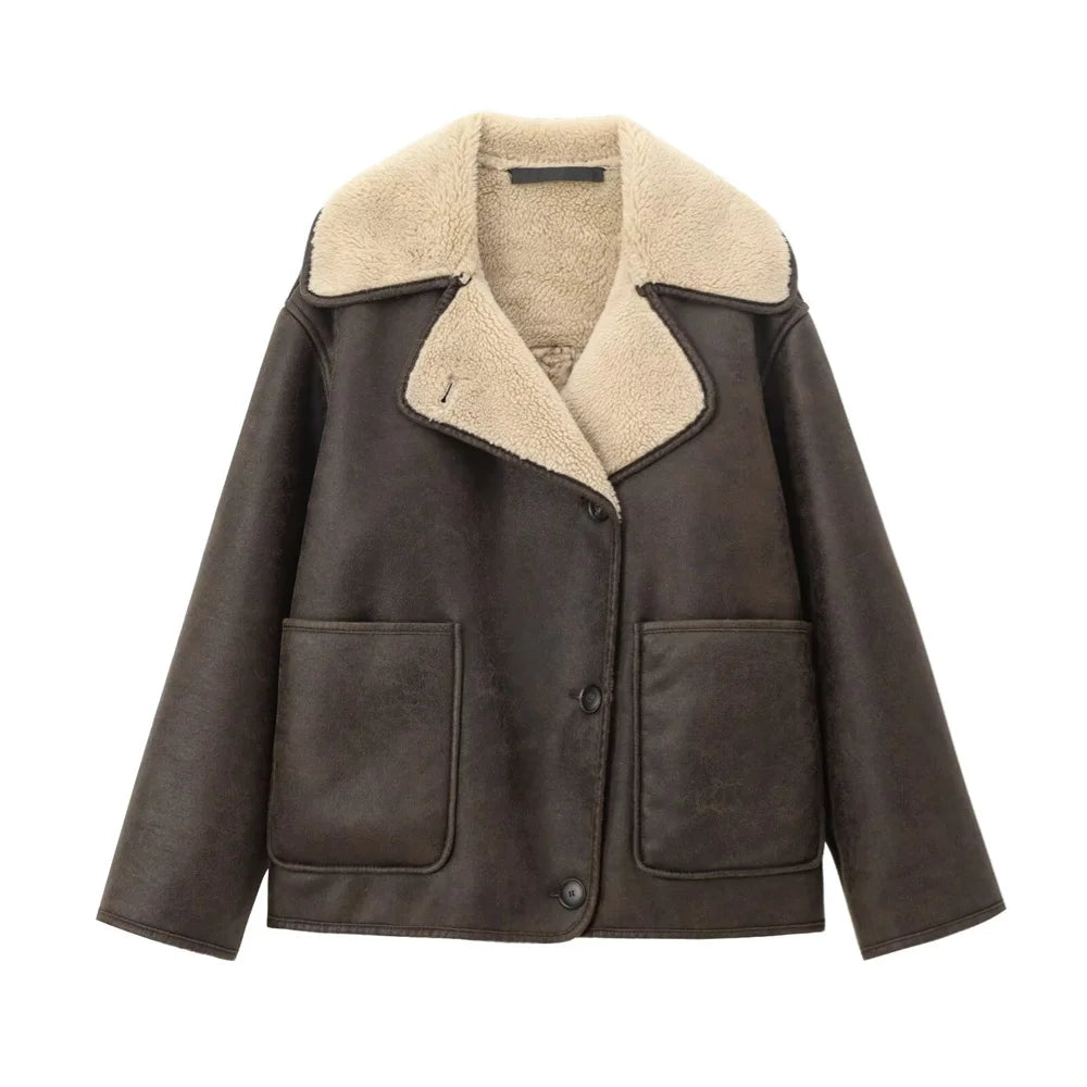 Women's Cozy Faux Leather Jacket with Fleece Collar