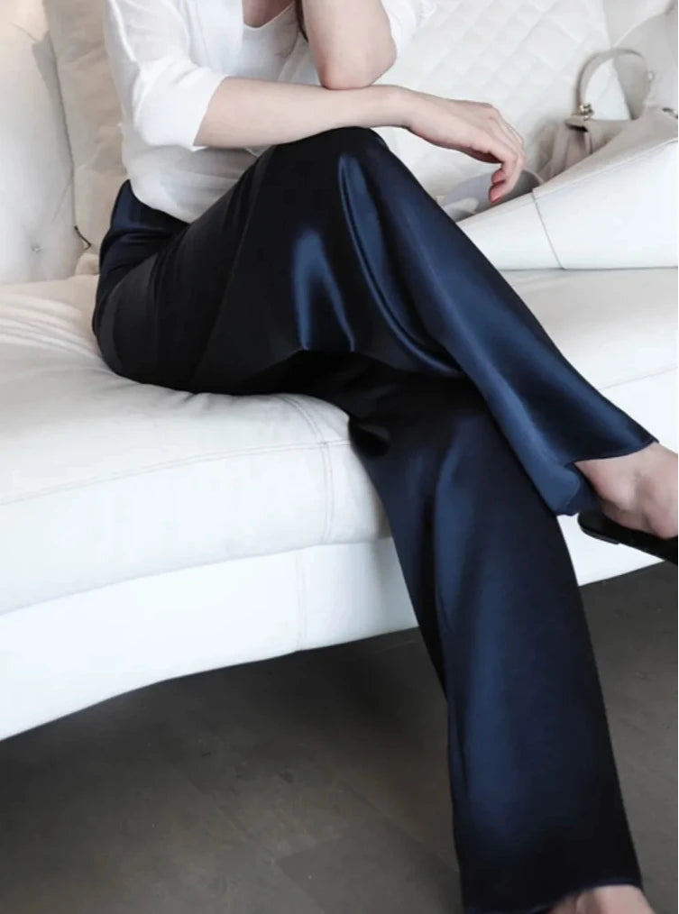 Elegant High-Waist Satin Wide-Leg Pants for Women - Chic Straight-Leg Trousers