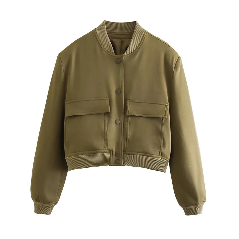 TRAF Long Sleeve Women's Front Button Jacket with Vintage Style and Pockets
