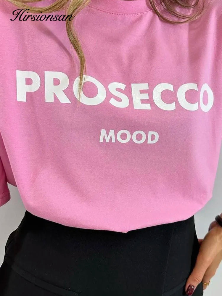Cotton "Prosecco Mood" Print T-Shirt for Women - Casual Loose Fit Tee by Hirsionsan