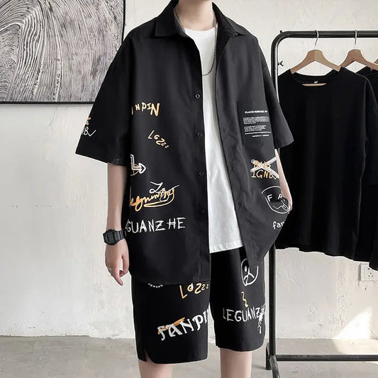 Men's Two-Piece Graffiti Print Loose Fit Button-Up Shirt & Shorts Set