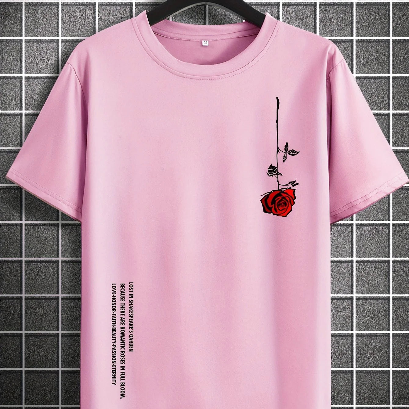 Men's Slim Fit Casual T-Shirt – 100% Cotton Rose Print Short Sleeve Round Neck Tee