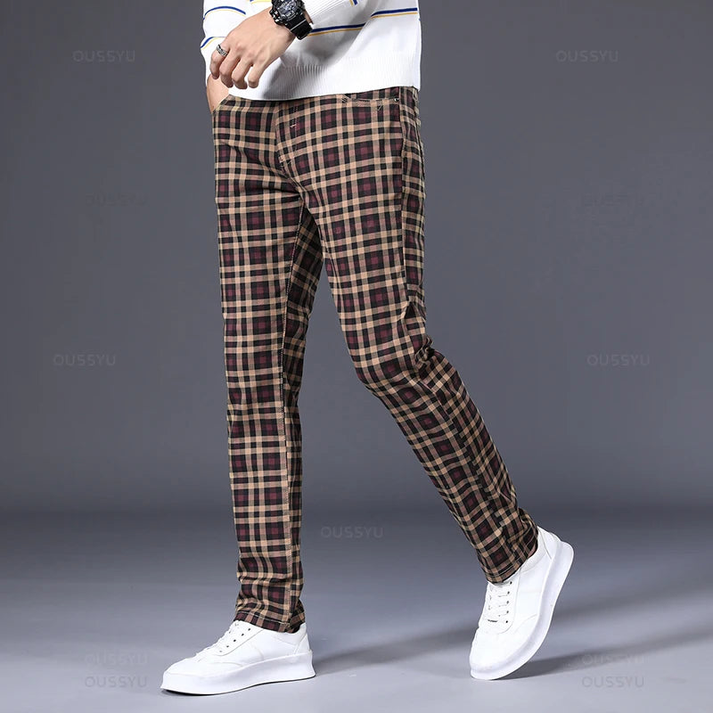 Men's Cotton Stretch Plaid Casual Pants - Slim Fit, Straight Fit, Classic Men's Trousers
