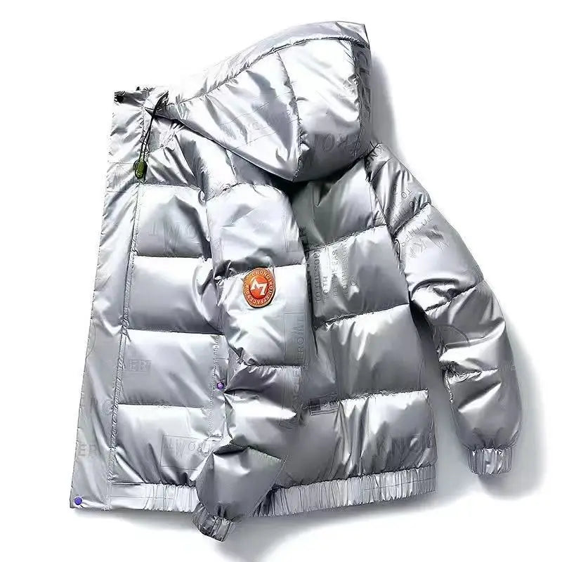 Men's Glossy Thickened Parka Jacket with Stand Collar