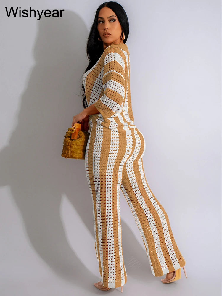 Wishyear Women's Two-Piece Striped Knit V-Neck Hollow Out Button Top & Wide Leg Pants Set