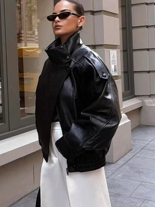 Women's Faux Leather Loose Jacket with Stand Collar and Zipper