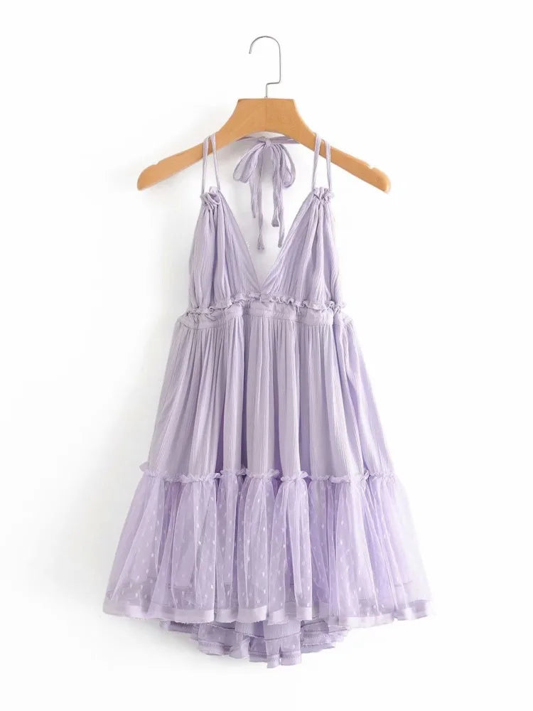 Women's Bow-Back Lacing Halter Collar Mesh Pleated Mini Dress