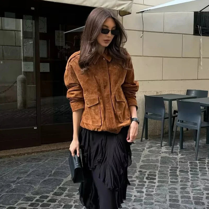 Stylish Women's Faux Suede Bomber Jackets with Zipper