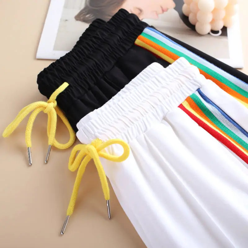 Women’s High Waist Striped Rainbow Sweatpants - Elastic Lace-Up Loose Straight Leg