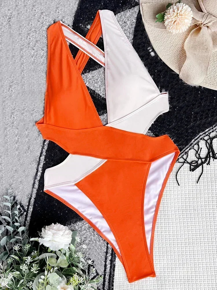 Women's Deep V Neck Cross Backless One-Piece Swimsuit - High Cut, Stylish & Flattering Swimwear