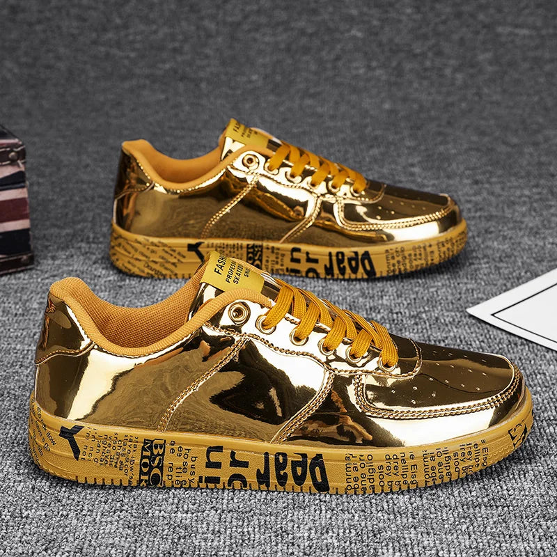 Gold sneakers with text pattern on a textured surface